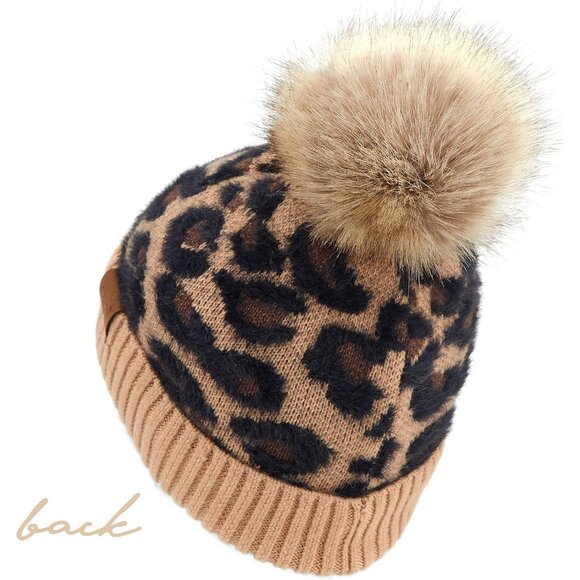 Soft Beanie Hat Leopard Pattern Fur Pom Winter Accessories for Women main image 4